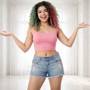 STS Blue Distressed Denim Cutoff Jean Shorts With Pink Pocket Embellishments